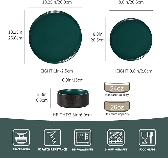 GZG Classic Series - Plates and Bowls Set for 8 24 Piece Stoneware Dinnerware Sets Microwave and Dishwasher Safe Lead-Free Handcrafted Ceramic Dishes Set - Malachite Green