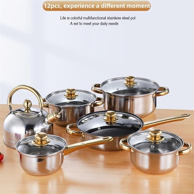 Thickened Stainless Steel Pot Set Soup Pot Milk Pot Frying Pan with Water Kettle 12 Piece Set of CookwareA12Pcs Daishuihu
