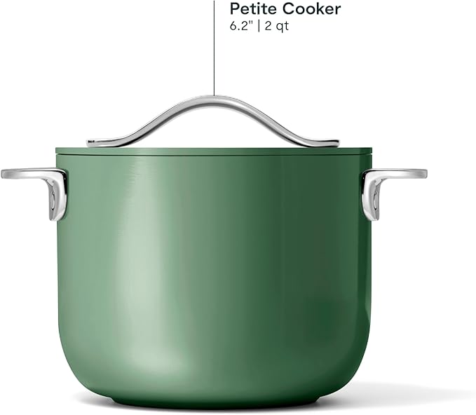 Caraway Petite Cooker - 2 Qt Ceramic Coated Pot - Free From Forever Chemicals - Perfect for Rice Grains or Sauces - Sage