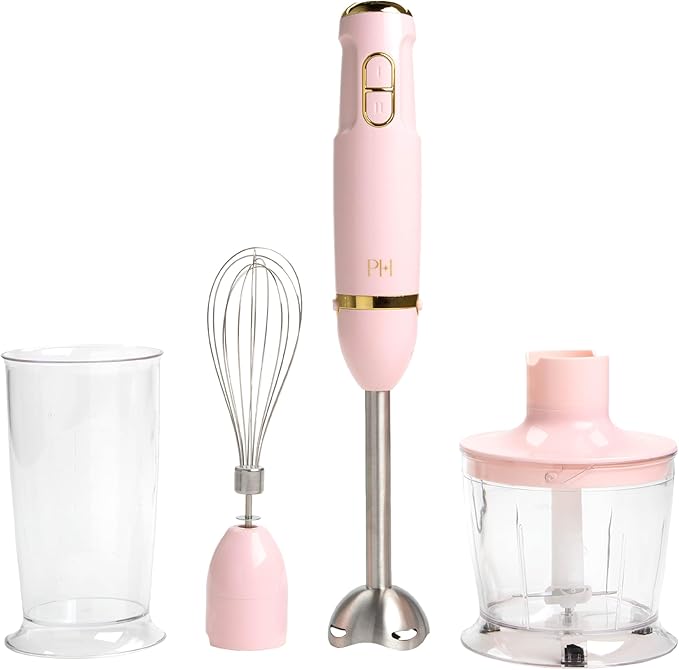 Paris Hilton Hand Blender Set 3-in-1 Immersion Blender with Whisk Blending &amp Chopper Attachments 400W High Speed Pink with Gold Accents – Smoothies Soups Sauces Baby Food Whipped Cream Pi