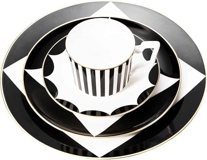 European Style Dinnerware Set Service for 2 Bone China Dinnerware Sets Unbreakable Porcelain Dinner Sets Coffee Cup and Saucer Tableware Set Steak Dinner Plates Dish Set Black copper coin-14