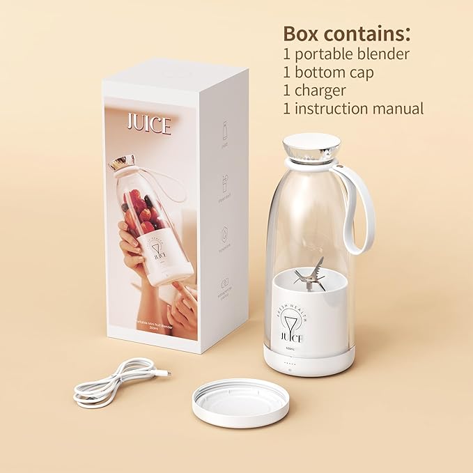 Portable Blender Personal Smoothie Maker with 6 Blades Rechargeable Mini Juicer Cup 17 oz with Travel Lid for Outdoors Camping Office Kitchen (White)