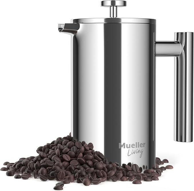 MuellerLiving French Press Coffee Maker 20oz Stainless Steel French Press Coffee 4 Filter Heat Resistant Double Insulated Rust-Free Food Grade Dishwasher Safe Coffee Pot