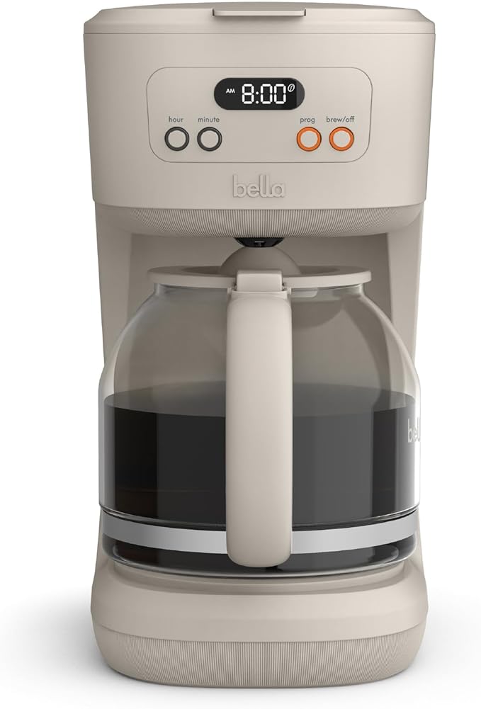 BELLA 12 Cup Programmable Coffee Marker Reusable Dishwasher Safe Accessories Easy LCD diaply Auto Shutoff 900 watt Oatmilk