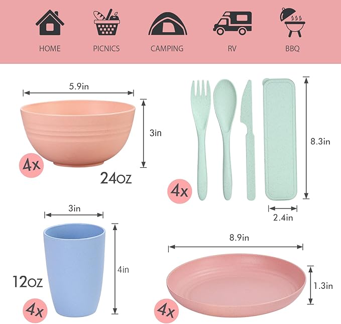Wheat Straw Dinnerware Sets for 4 Wheat Straw Plates and Bowls Sets Kitchen Dishes 28pcs College Dorm Room Essentials Cutlery Set Microwave Safe (Colorful)