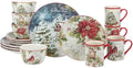 Silent Night 16 Pc Dinnerware Set Service for 4 Multi Color Red White Holiday Casual Modern Contemporary Round Piece Dishwasher Safe Microwave