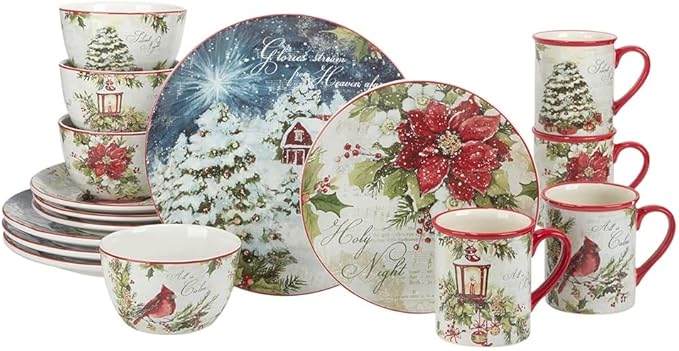Silent Night 16 Pc Dinnerware Set Service for 4 Multi Color Red White Holiday Casual Modern Contemporary Round Piece Dishwasher Safe Microwave