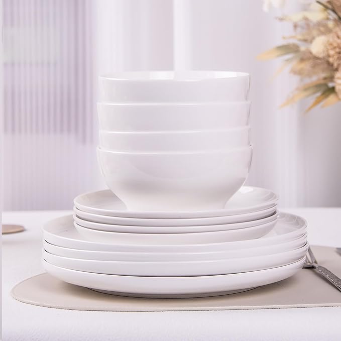 Anveena Dinnerware Set for 4 12 Piece Plates and Bowls Set White Porcelain Dish Set Microwave Safe Dishwasher Safe Chip Resistant for Everyday Dining