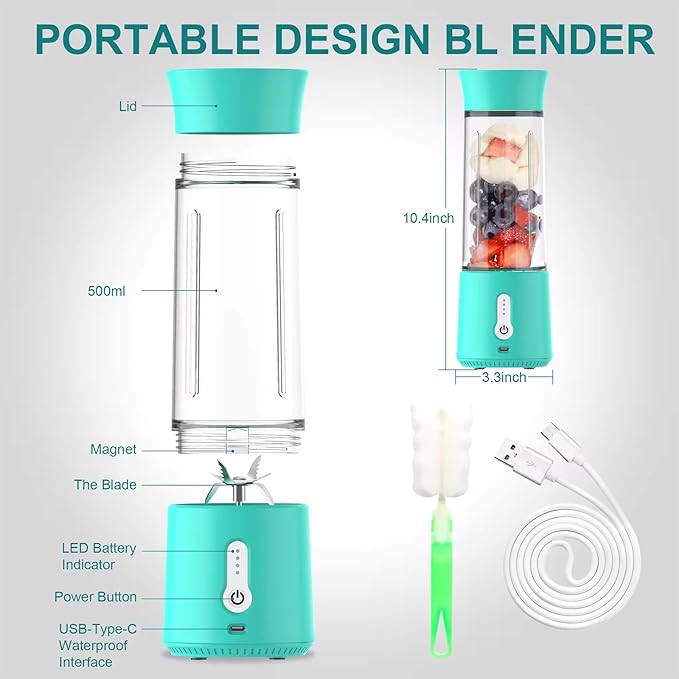 Portable Mini Smoothie Blender Personal Size Electric USB Juicer Cup 500ML with 6 Blades 18000RPM Mixing Efficiently and 25 Cups After Full Charged for Office Gym Camping Travel
