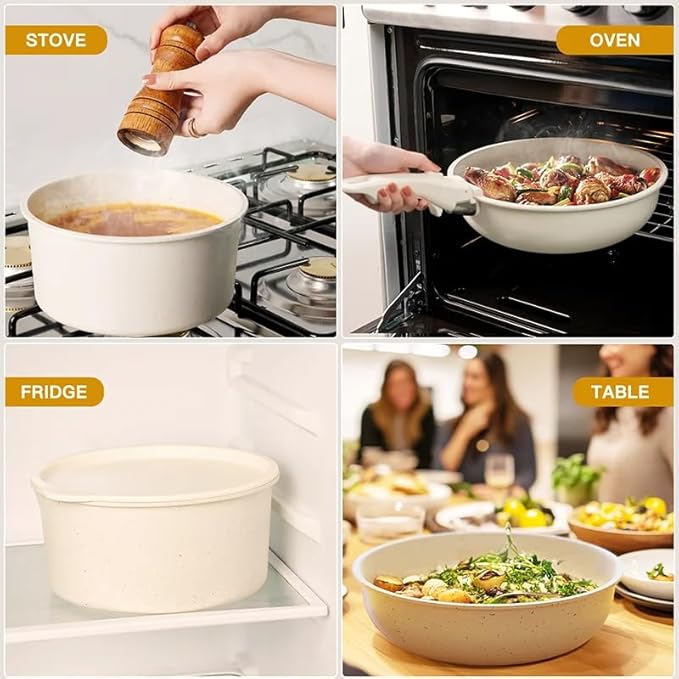 21-Piece Non-Stick Pots and Pans Set Ceramic Coating Cookware with Removable Handle &amp Glass Lids Compatible with All Stovetops Including Induction Oven &amp Fridge Safe Milky White