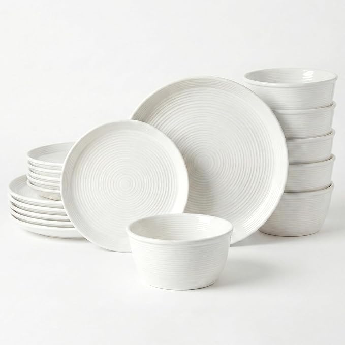 LE TAUCI Ceramic Plates and Bowls Set for 6 18-Piece Ceramic Dinnerware Set Farmhouse Dishes Set Microwave &amp Dishwasher Safe Stackable 10 Dinner+8 Salad Plates+6 Bowls White