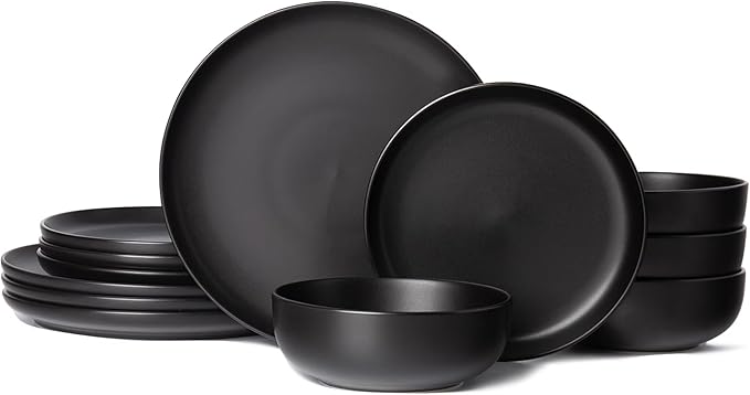 12-Piece Stoneware Dinnerware Set with Mugs | Microwave and Dishwasher Friendly | Stackable Matte Glaze Plates &amp Bowls | Service for 3 (Black for 4)