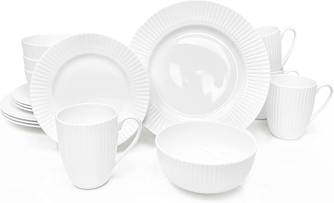Dinnerware 16 Piece Set Bone China Service for 4 White Embossed stripe Dishes Microwave Safe Chip Resistant Dishware For Formal Casual and Everyday Living Plates and Bowls Set