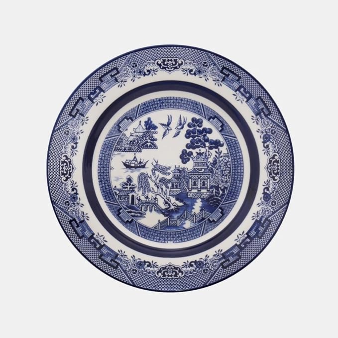 Oxford Flamingo-Blue Willow Porcelain 20 Piece Dinnerware Set Service for 4