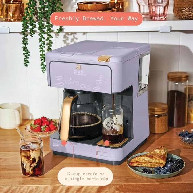 Beautiful Multi-Brew Commercial-Grade 12-Cup &amp Single-Serve Coffee Maker with Over Ice Option for Business and Personal Use by Drew Barrymore (Lavender)