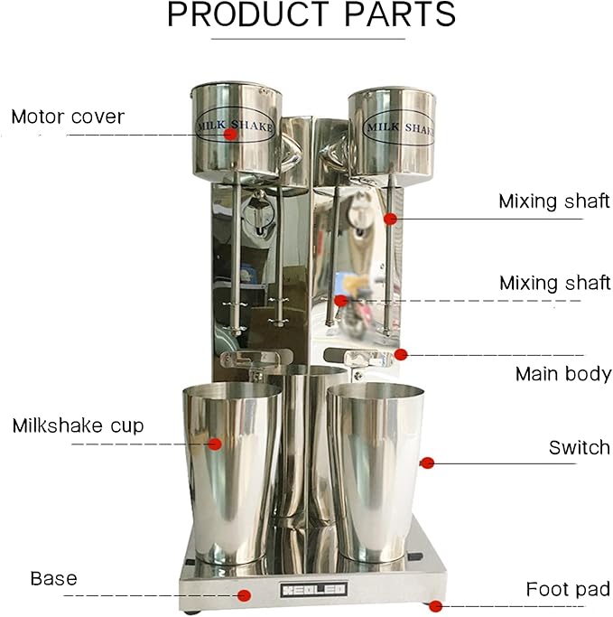 Milkshake Maker Commercial Electric Milkshake Maker 180W Double Head Drink Mixer Machine Stainless Steel Tea Drink Juice Mixer with 2pcs 800ml Cups and 2 Speeds Adjustable