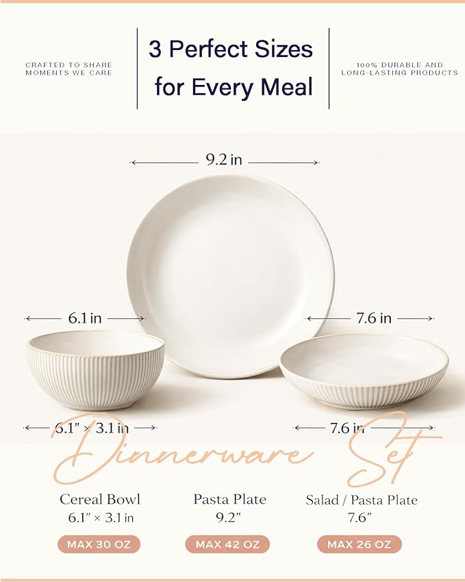 Getstar 12-Piece Dinnerware Sets Plates and Bowls Sets (9.2” Dish + 7.6” Dish + 6” Bowl) for 4 Microwave and Dishwasher Safe Ceramic Dinnerware Sets