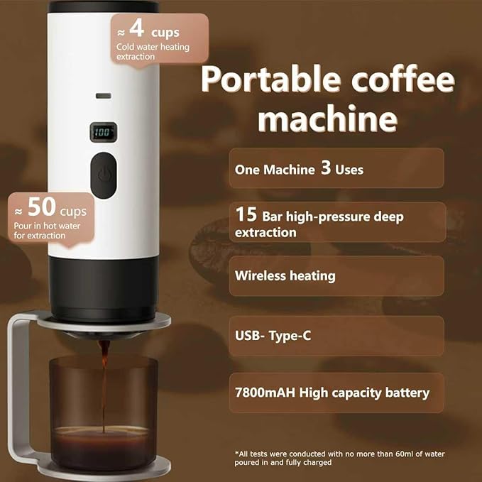 Portable coffee Maker15Bar USB-C Rechargeable Coffee Machine Electric Mini Coffee Maker for Camping Travel Car and Office (brown)