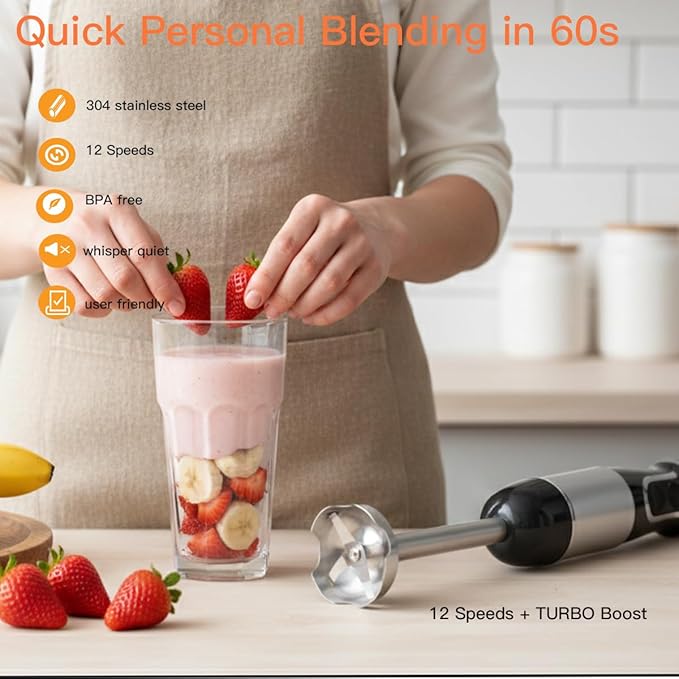 Megawise HB-2035 5-in-1 Immersion Hand Blender 800W Ultra-Powerful Stick Blender with Variable Speed &amp Turbo Stainless Steel Shaft Includes Whisk Frother Chopper Bowl &amp 600ml Beaker