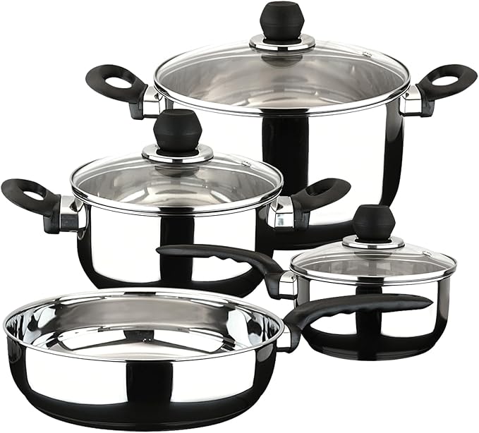 MAGEFESA Practika 7-Piece Stainless Steel Cookware Set Includes Stockpot Stew pot Saucepan Deep sauté Compatible with All Types of Stovetops Lids Included Dishwasher safe