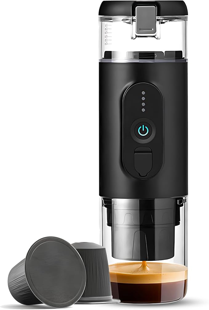 Akozon Portable Electric Coffee - Cordless Mini Traveler Maker with 2-IN-1 Coffee Capsule &amp Powder Bin 18Bar Pump Pressure 2500mAh Battery (Black)