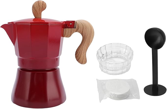 JTLB Italian Coffee Maker 150ml Single Valve Coffee Pot with Coffee Distributor Spoon Paper Filter 3 Cups (Gradient Red)