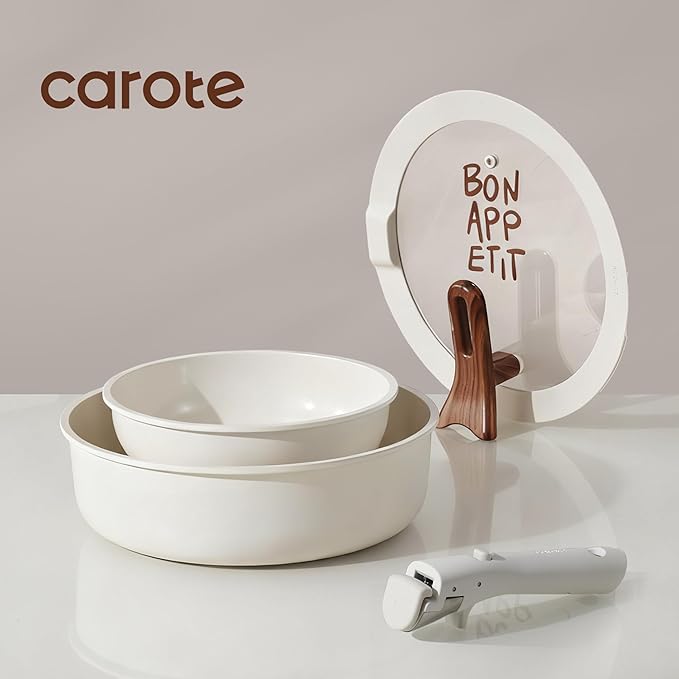 CAROTE Ceramic Pots and Pans Set Non Stick Nonstick Kitchen Cookware Sets with Lid Detachable Handle Sauté Pan Set Non Toxic Frying Pan Oven Safe Induction Ready Cream White