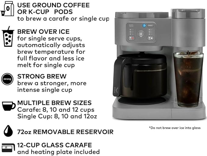 K-Duo Essentials Hot &amp Iced Single-Serve Pod Coffee Maker &amp Carafe 72 Oz Reservoir Multiple Brew Sizes Strong Brew Feature Perfect for Hot and Iced Coffee (Moonlight Gray)