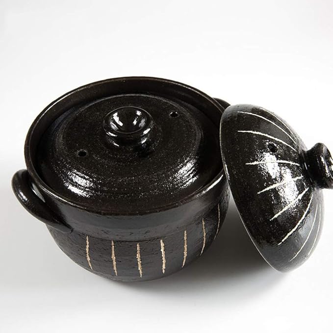 Clay Rice CookerJapanese Stone Rice Pot with Double LidEarthenware Rice PotStockpotHeat Resistant Ceramic CasseroleRound Stove Stew Pot Black 21x17.5cm (Black 21x17.5cm(8x7inch))