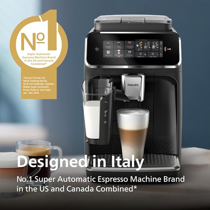 Philips 3300 Series Fully Automatic Espresso Machine with LatteGo Milk System and integrated grinder 6 Hot &amp Iced Coffee Pre-Sets 40% Quieter SilentBrew 15-Bar Pressure Glossy Black (EP3341/50