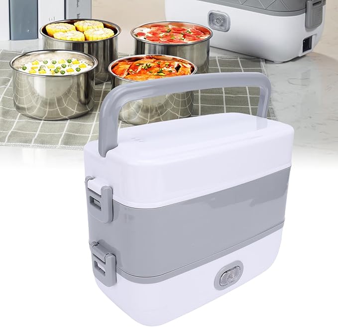 Dpofirs Portable Self Cooking Electric Lunch Box 2L Mini Rice Cooker 2 Layers 4 Stainless Steel Steamer Food Insulation Box Heated Food Warmer Cooker for Home Office Travel (US Plug 110V)
