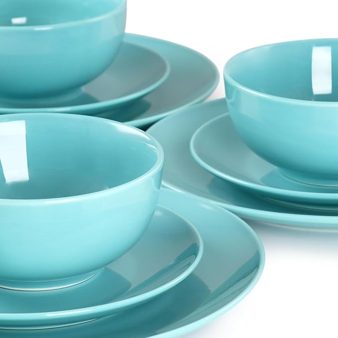 18 Piece Porcelain Dinnerware Set – Service for 6 Microwave &amp Dishwasher Safe Plates and Bowls – Elegant Multicolor Tableware in White Dark Blue Mint Green and Blue (Blue)