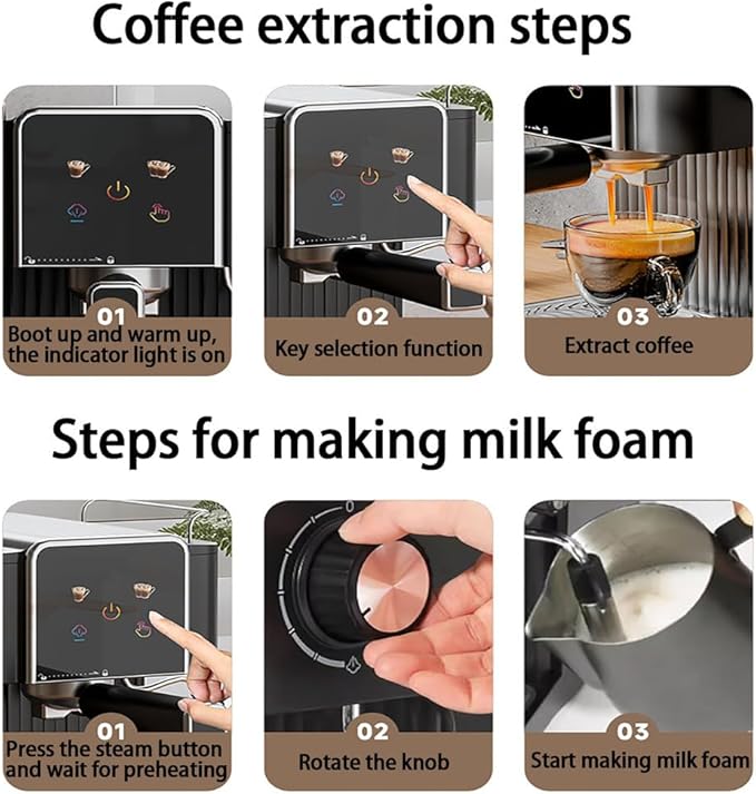 Espresso Machine Coffee Machine with Touch Screen Coffee Maker High Pressure Temperature Control Pre-Infusion Function 1.8L Removable Water Tank for Home Use