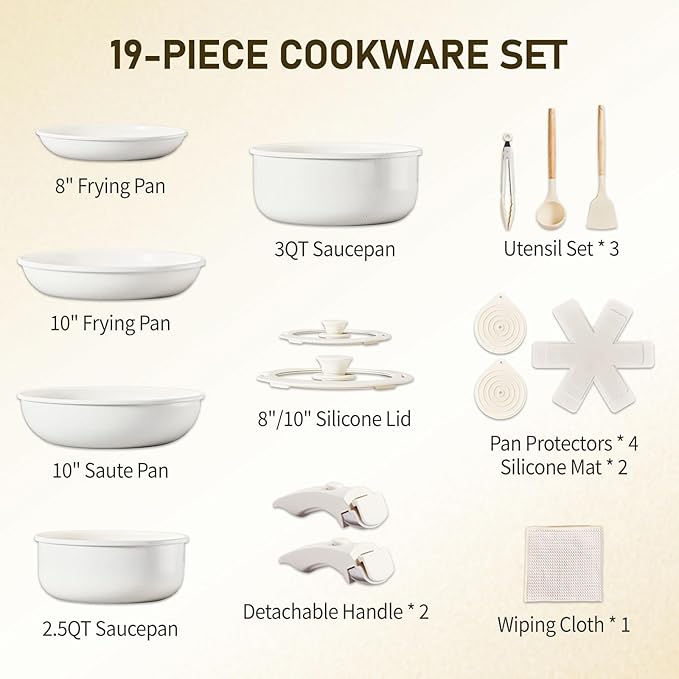 19-Piece Cookware Set Non-Stick Pots and Pans Set with Lids &amp Removable Handles Microwave &amp Oven Safe Dishwasher Safe Cream White