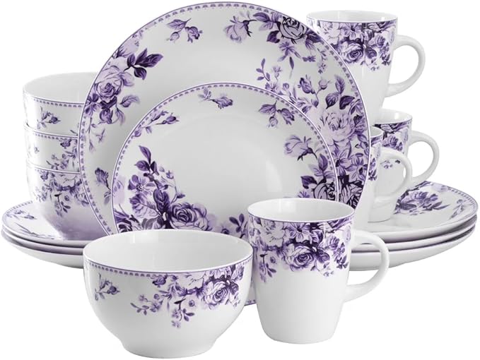 Traditional Purple Rose 16 Piece Stoneware Dinnerware Set (Purple)