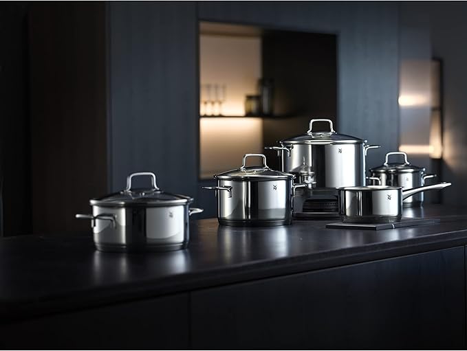WMF Pot Set 4-Piece Astoria Pouring Rim Glass Lid Cromargan Stainless Steel Polished Suitable for Induction Hobs Dishwasher-Safe