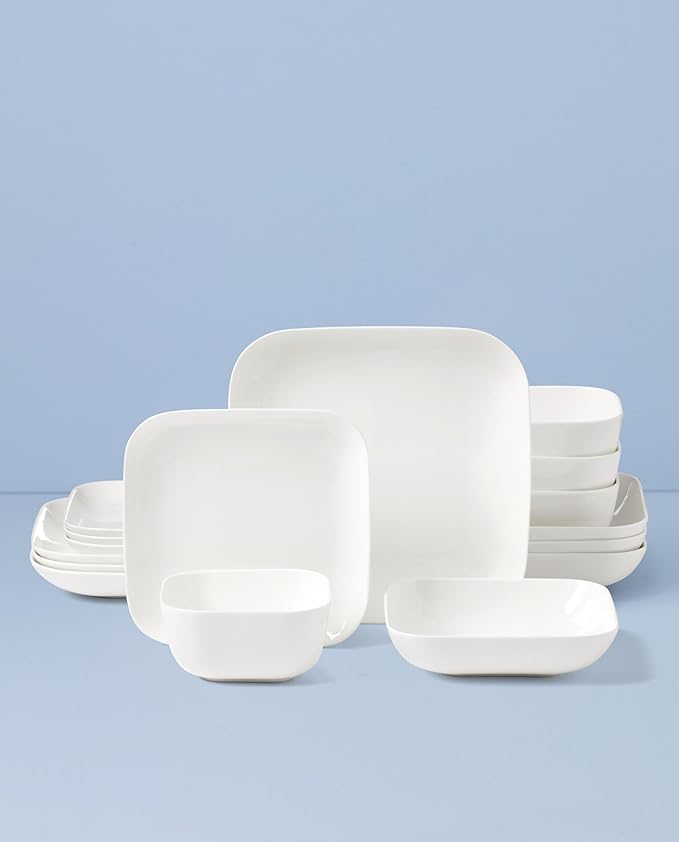 Lenox Dinnerware Set Studio 1414 Square 16-Piece Set Service For 4 Bone China Material Dishwasher &amp Microwave Safe Home And Kitchen Kitchen And Dining Plates And Bowls Sets (White 16 Piece