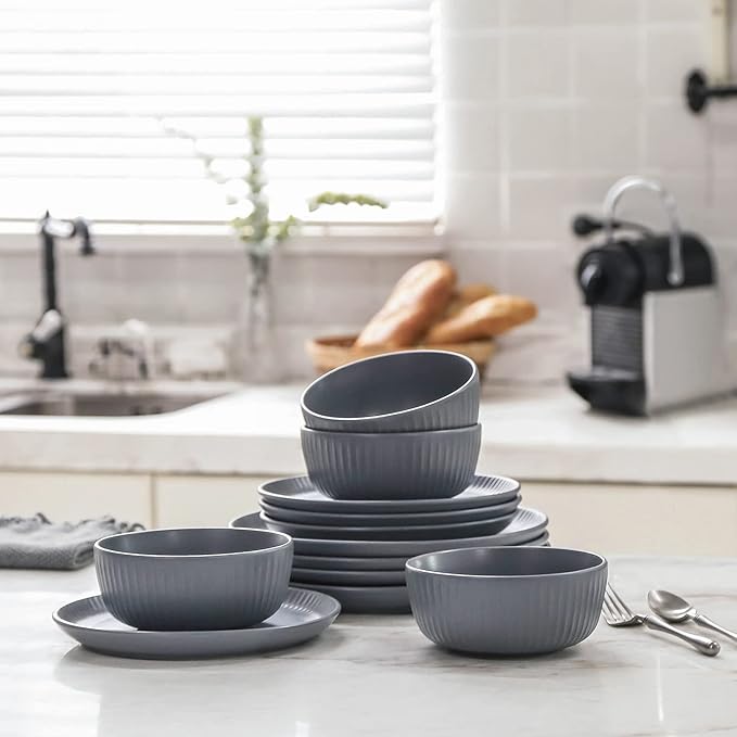 Stone Lain Logan 12 Pieces Stoneware Dinnerware Set Grey