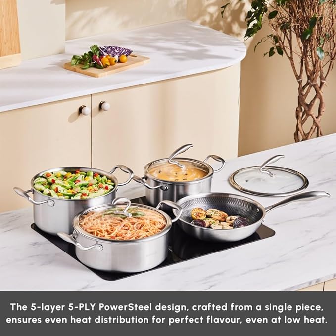 Karaca 5Ply PowerSteel 316+ Stainless Steel Cookware Set 7-Piece Non Stick Pots and Pans Set with Lids Kitchen Cooking Set for Daily Cooking Elegant Silver Finish Induction Hob Pan Set