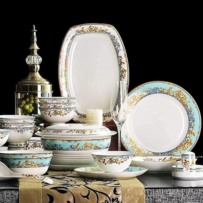 Dinnerware Set Dinner Party Tableware Service Set Dinnerware Sets Porcelain Bone China Dish Sets Bowls/Dessert Plates/Dinner Plates/Pot/SaucersOne Color-60 pcs