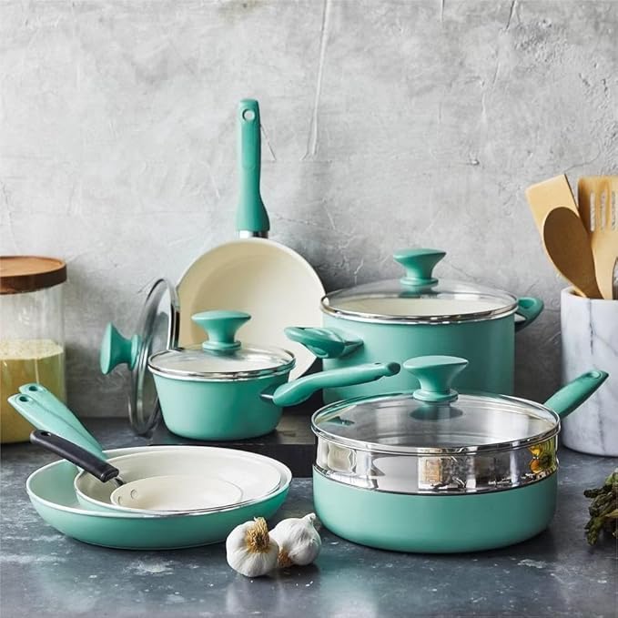 Healthy Ceramic Nonstick 16 Piece Cookware Pots and Pans Set PFAS-Free Dishwasher Safe Turquoise