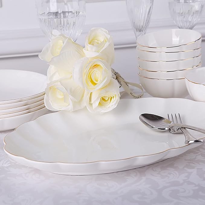56 Pieces Dinnerware SetPorcelain Bone China Kitchen Dinning White Round Dinner Tableware Combination Set with Cereal Bowls Dessert Plates Dishes and Soup Pot