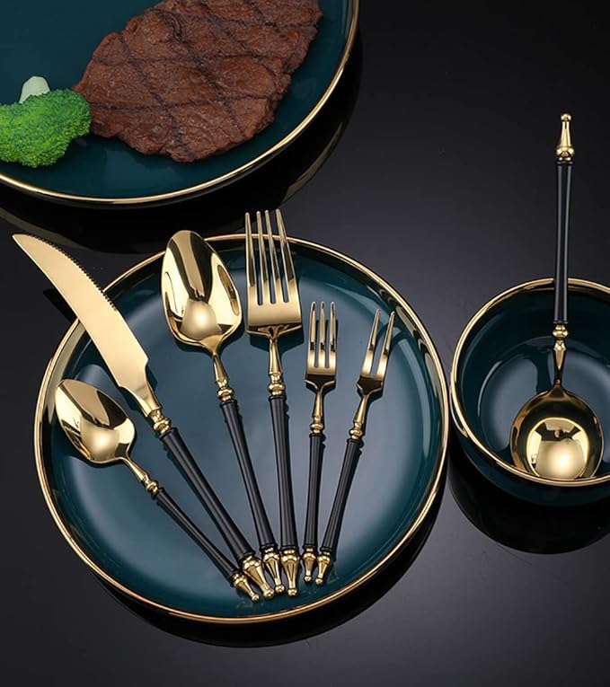 Black Gold Silverware Set for 8 Modern 40 Piece Flatware Cutlery Utensils Set Durable 18/10 Stainless Steel Include Knives Forks and Spoons Tableware Set for Home Kitchen Wedding Mirror Polished