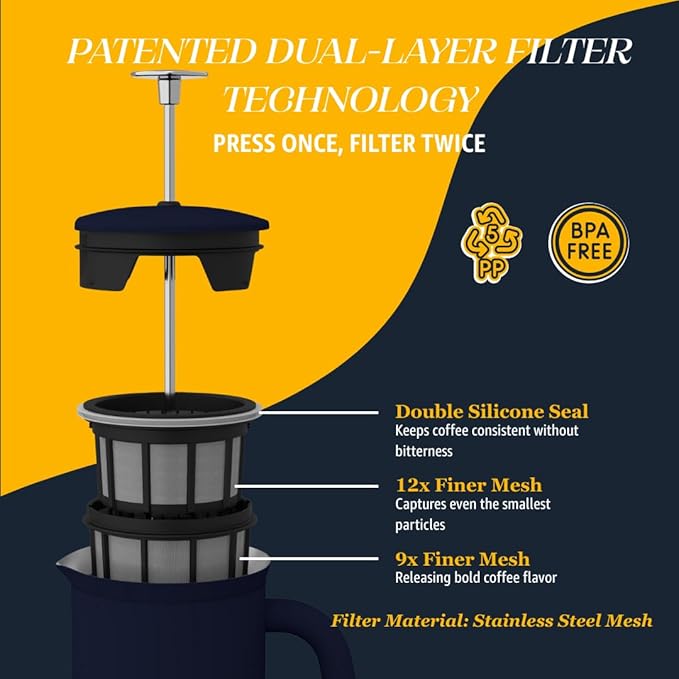 ESPRO P7 French Press Stainless Steel 304 – Patented Double Walled Micro-Filter Insulated French Press Coffee Maker Grit-Free Brew - Heat Resistant BPA Free - Aegean Blue (32oz)