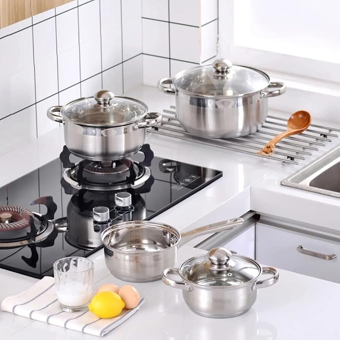 Cookware Set Stainless Steel 7-Piece Kitchen Cooking Pot&ampPan SetsInduction SaucepanCasserole with Tempered Glass Lid