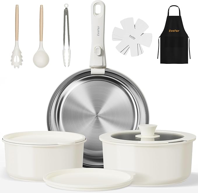 14 pcs Stainless Steel Cookware Set Detachable Pots and Pans Set with Removable Handle Non Toxic Space Saving RV Camping Cookware Set Induction Cookware Dishwasher &amp Oven Safe