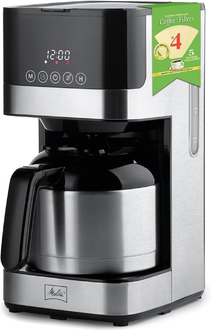 Melitta Aroma Tocco Thermal Drip Coffee Maker 8-Cup Programmable with Automatic Shut-Off Pause &amp Serve Stainless Steel Carafe with 5-Pack Coffee Filters
