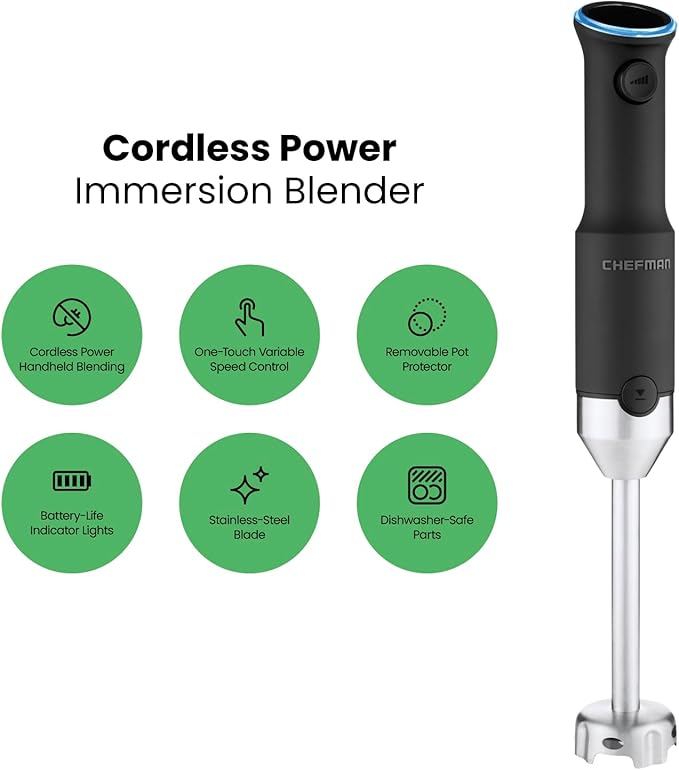 Chefman Cordless Power Portable Immersion Blender Ice Crushing Power with One-Touch Speed Control USB Charging Quickly Mixes Smoothies Purees Soups Dips Sauces Storage Case Stainless Steel