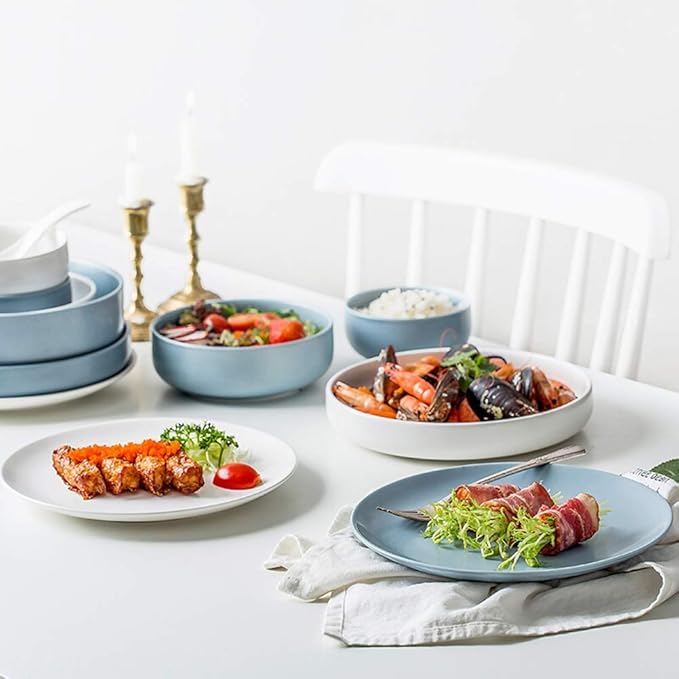 Dishes/Plate/Bowl Set16 Pieces Dinnerware Set White and Blue Dinner Dishes Set Nordic Style Oven and Dishwasher Safe Service(
