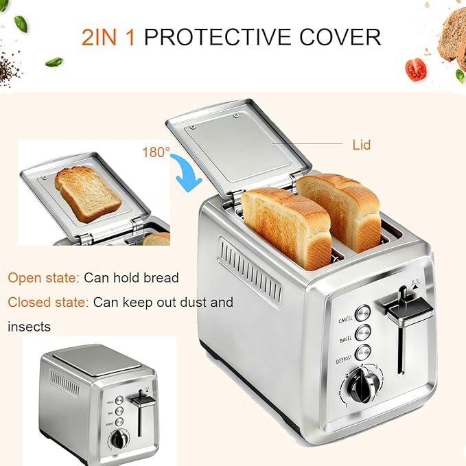 2 Slice Toaster with LidStainless Steel Toaster with Extra Wide Slots for Bagels Muffins High Lift Lever 7 Shade Settings900 Watts Toasters